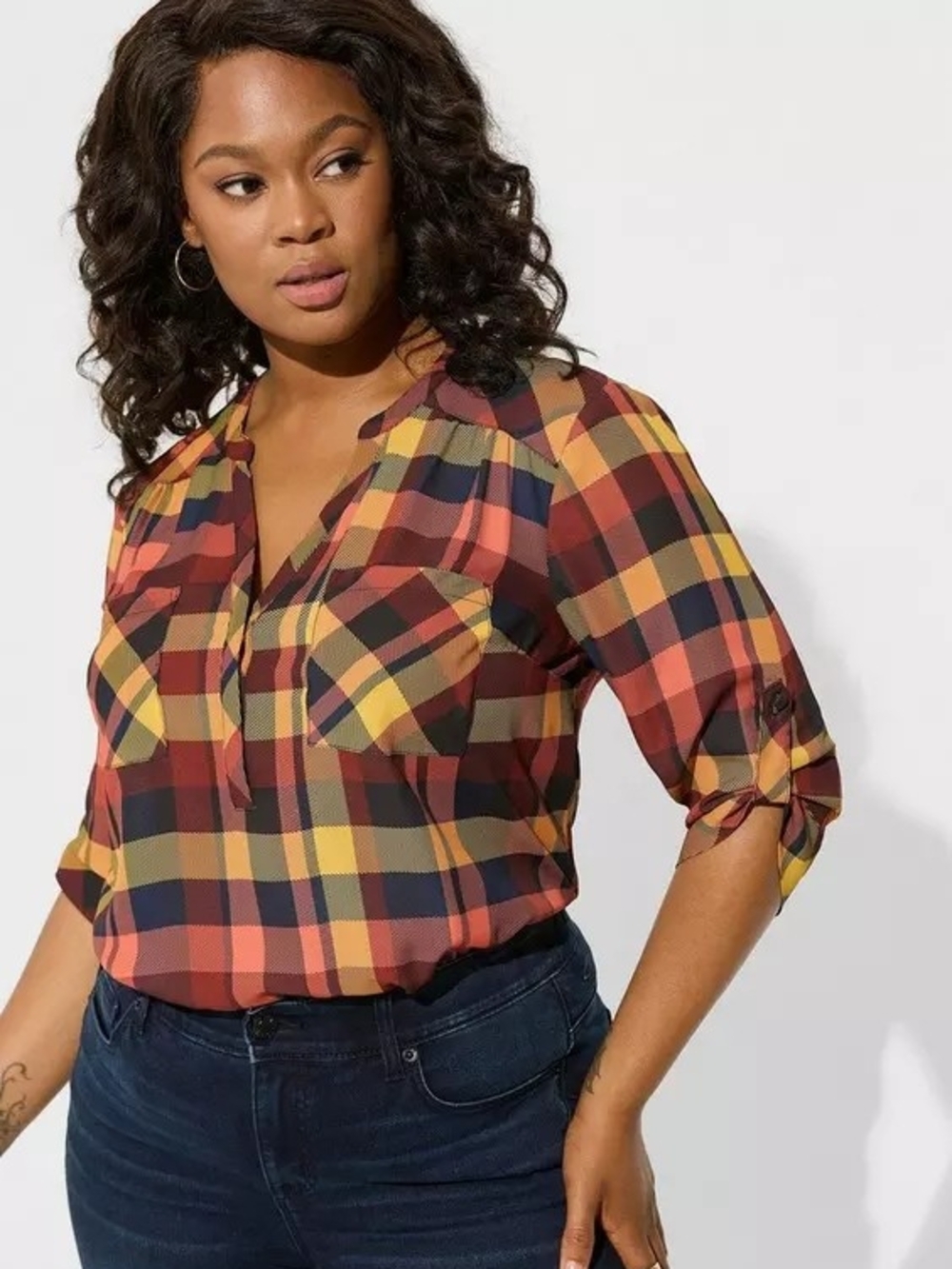 Torrid Harper Georgette Womens Blouse Plaid 3/4 Sleeves 90s Grunge Dark Academia